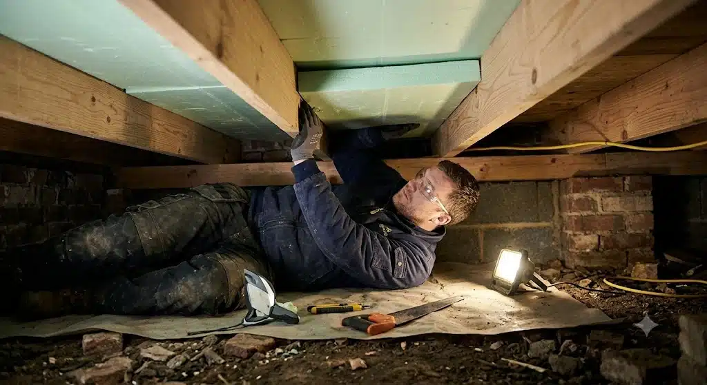 A tradesman lying down in a crawl space under a house, fitting rigid insulation panels upward between wooden floor joists using a work light.