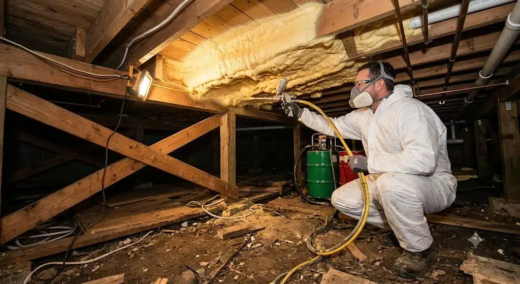 A professional installer in a white protective suit and respirator mask applies expanding spray foam insulation to the wooden underside of a residential floor grid in a dimly lit crawlspace.