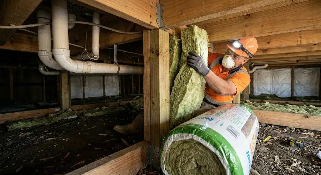 An insulation installer, wearing full safety gear and a headlamp, fits Knauf Earthwool between timber floor joists in a New South Wales crawl space. The complex subfloor structure is clearly visible.